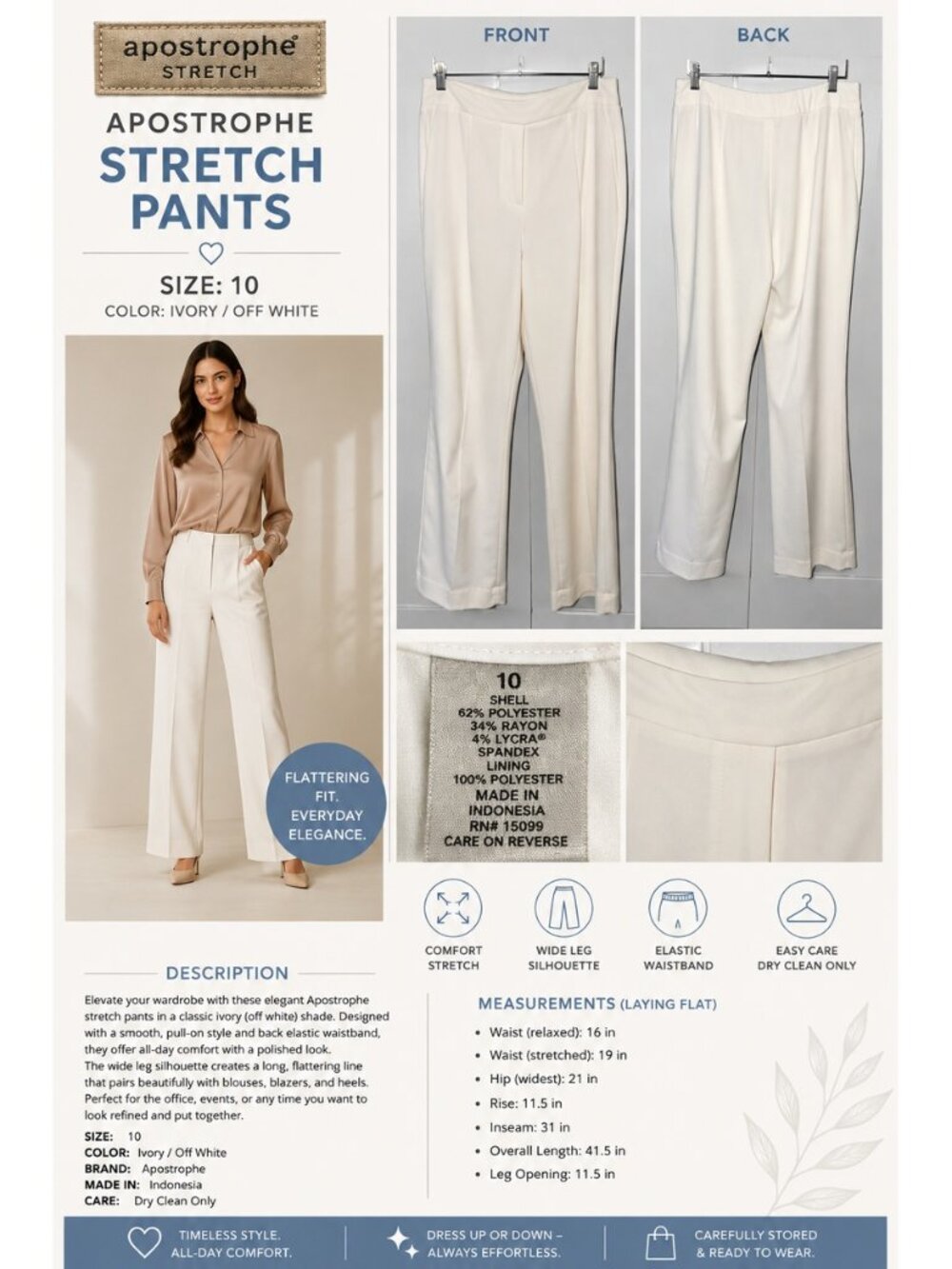 Apostrophe Stretch Ivory Wide Leg Dress Pants Size 10 Career Office Classic